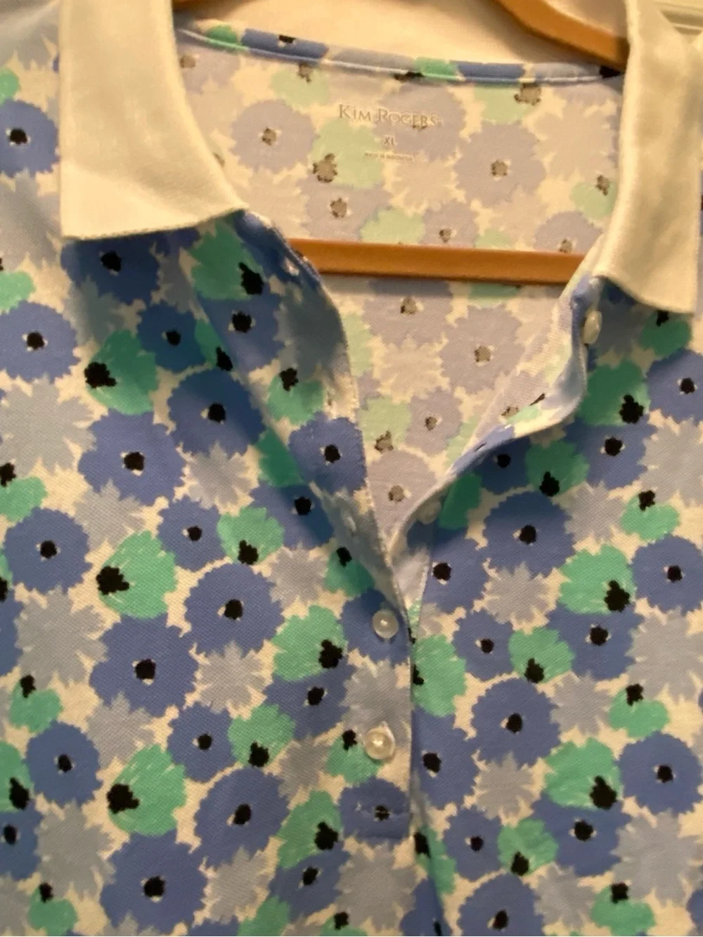 Kim Rogers Polo Shirt Blue/Green Floral Print with White Collar XL New With Tag